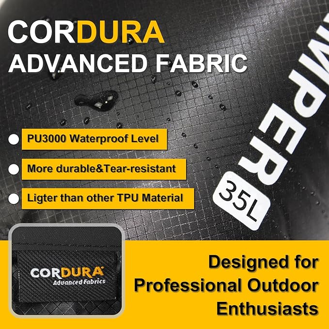 Waterproof Dry Bag-Upgraded Tear-resistant CORDURA Fabric-Durable&Lightweight Roll Top Dry Sack with Survival Whistle-Perfect for Hiking, Camping, Kayaking&Beach-Float on Water(35L/Orange)