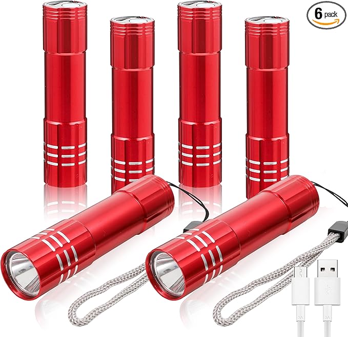 6 Pack LED Aluminum Small Mini USB C Rechargeable Flashlights, Handheld Small Flashlight Bulk for Kids, Portable Camping Bright High Lumens Flashlight Christmas Gifts (Red)
