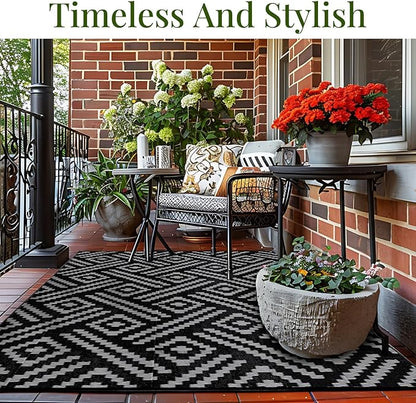 OPPODREAM Outdoor Rug 5x8 Ft, Waterproof Outdoor Plastic Straw Rug for Patio, Reversible Out Door Carpet for Camping, Deck, Rv, 5 x 8 Area Carpet for Balcony, Porch, Backyard, Black and Grey