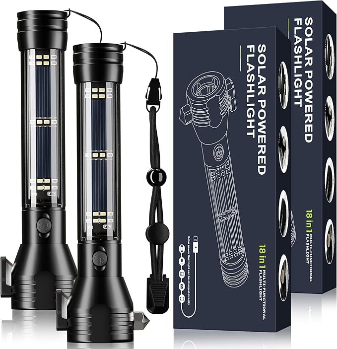 Otdair Solar/Rechargeable LED Flashlight, Multi Function Ultra Bright Flashlight, Emergency Strobe Light, USB-C Rechargeable, 5 Modes for Outdoor, Camping, Hiking, 2Pack