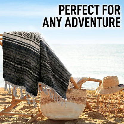 Authentic Large Handwoven Mexican Blanket - Soft Yoga Blanket - Durable Serape Blanket - Lightweight Falsa Blanket, Beach Blanket, Camping Blanket, Picnic Blanket, Outdoor Blanket 70"x50" - Blue Haze