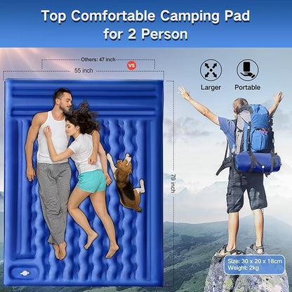Double Sleeping Pad Camping, Self Inflating 5'' Extra-Thick 2 Person Pillow Built-in Foot Pump Waterproof Inflatable Sleeping Mat Backpacking, Tent, Hiking, Portable Camping Pad (Navy Grey)