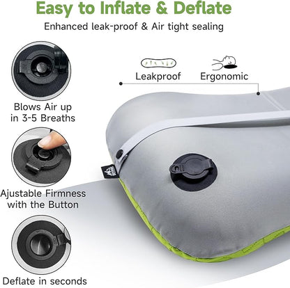 OUTSKIRT Inflatable Travel Pillow, 2-in-1 Camping Pillows for Sleeping, Ergonomic & Lightweight Small Backpacking Pillow for Travel, Hiking, Camping & Outdoor Activities, Green