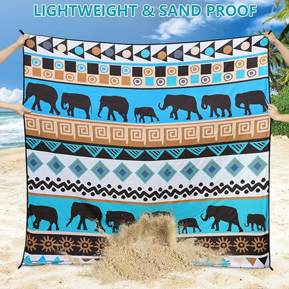 Beach Blanket Waterproof Sandproof Beach Mat for 1-8 Adults Quick Drying Durable Outdoor Picnic Mat for Beach Festival Travel Camping Hiking (Elephant-GN, 79"×83"(4 Person))
