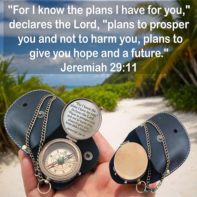 Engraved Brass Compass, Antique Nautical Vintage Directional Magnetic Compass, with Famous Scripture Quote, Baptism Gifts with Leather Case