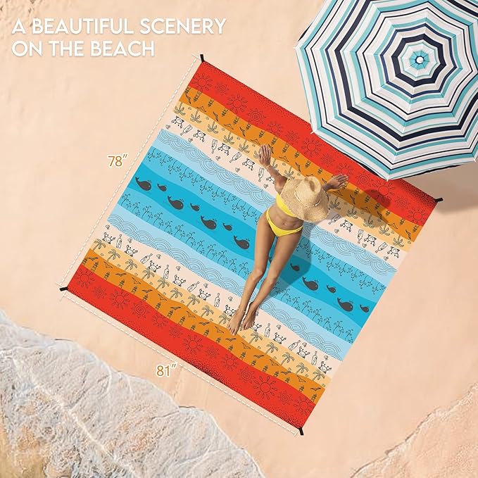 BYDOLL Beach Blanket Waterproof Sandproof 78''×81'' 1-7 Adults Oversized Lightweight Large Picnic Mat Waterproof Sandproof Blanket for Beach