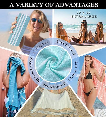 6 Packs Turkish Beach Towels Set Adult Pool Swim Towel Bulk Yoga Blanket Oversized Sand Free Quick Dry Lightweight Extra Large Sandproof Fast Drying Travel Towels Camping Blanket Vacation Must Haves