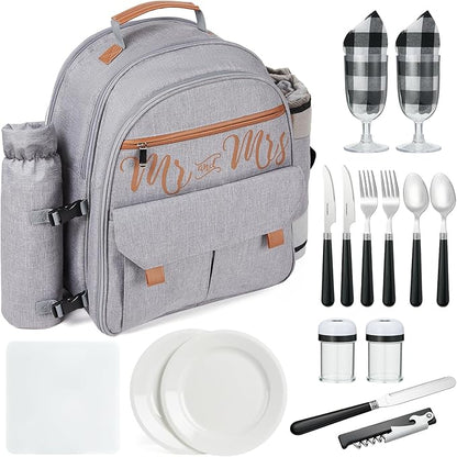 Couple Gifts 22L Picnic Basket Set, Grey Insulated Picnic Backpack for 2, Leak Proof Cooler Camping Gifts, Cool Bridal Shower Gifts Anniversary Engagement Wedding Gifts for Couples, Mr and Mrs Gifts
