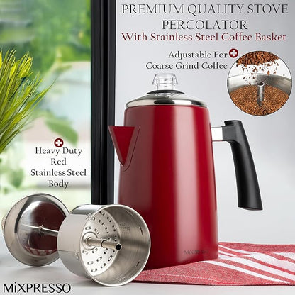 Mixpresso Red Stainless Steel Stovetop Coffee Percolator, 52 oz Classic Percolator Coffee Pot, Excellent As Camping Pot, 12 Cup Stainless Steel Camping Coffee Makers, Cool-Touch Handle.