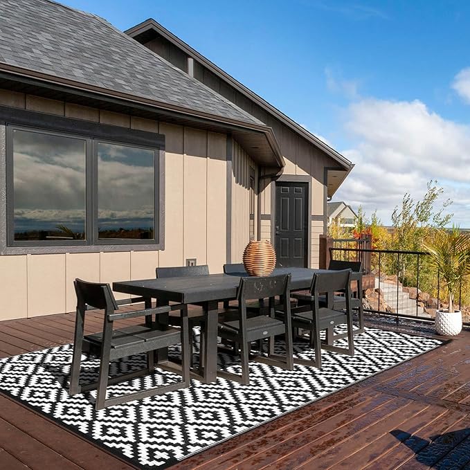 Outdoor Patio Plastic Straw Rug - 6'x9' Outdoor Camping Rug Waterproof Reversible, Area Carpet Patios Clearance RV, Outside Porch Balcony Deck for Camper, Black & White