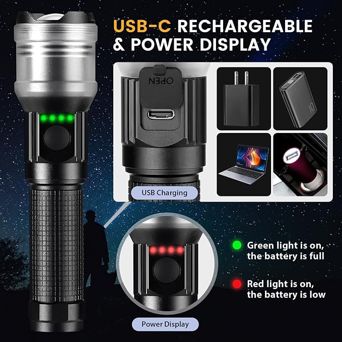 Flashlight Rechargeable 10000 High Lumens, Super Bright Flashlight Zoomable, Compact Flashlight Rechargeable USB-C, 6 Modes Handheld Flashlight Suitable for Home Emergency, Outdoor, Hiking, Camping
