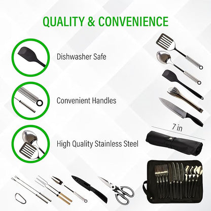 Camp Cooking Utensil Set & Outdoor Kitchen Gear Cookware Kit, Portable Compact Carry Case for Camping, Hiking, Travel, BBQ Grilling Stainless Steel Accessories Spoon & Fork