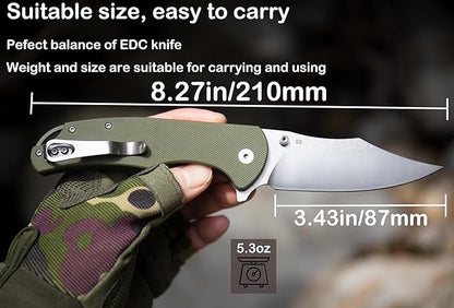 FD04 Folding Pocket Knife, D2 Steel Blade G10 Handle and Button Lock EDC Pocket Cool Knife for Men and Women, Camping Hunting Hiking Fishing Knives Tools (Green Clip)