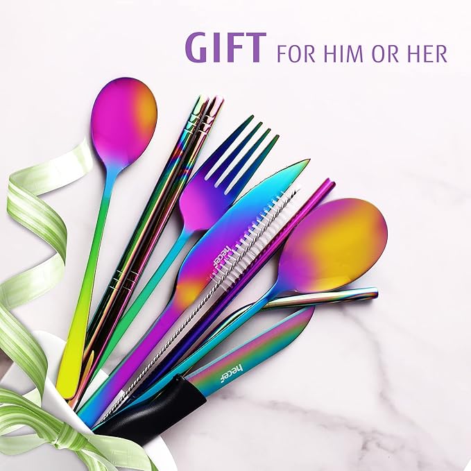 hecef 11 PCS Black Titanium Plating Travel Cutlery Set with Compact Carrying Case & Mesh Bag, Reusable Stainless Steel Utensils, Handy Flatware Set for Work, School, Camping and Travel