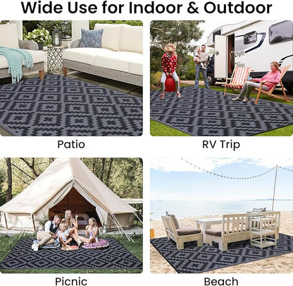 Smiry Waterproof Outdoor Rug 6x9 ft, Reversible Plastic Straw Patio Camping Rugs, Outdoor Indoor RV Mat Carpet for Patio, Outside Entry, Backyard, Deck, Bench, Picnic, Camper, Black & Grey