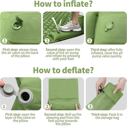 Double Sleeping Pad for Camping, 2 Person Ultralight Inflatable Sleeping Mat with Pillow and Built-in Foot Pump, Portable Camping Mattress for Tent, Backpacking, Hiking, Travel-Upgrade Green