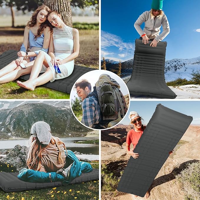 Inflating Sleeping Pad for Camping.4.5 in Thick Sleeping Mat .Compact Waterproof Camping Air Mattress with Pillow.Foot Pressure Inflatable Camping Pads for Backpacking & Hiking. (Grey), Gery