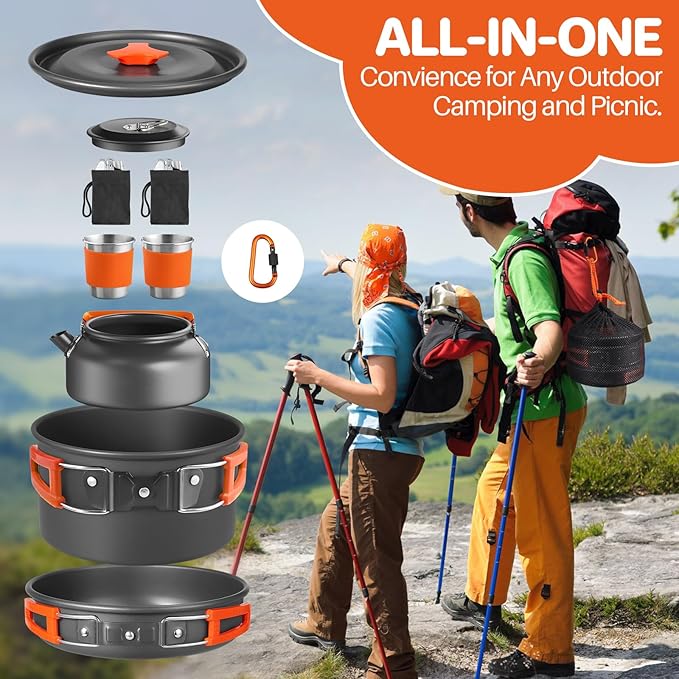17PCS Camping Cooking Set, Non-Stick Lightweight Camping Pots and Pans Set with Kettle, Stainless Steel Cups, Foldable Forks Knives Spoons for Camping, Backpacking, Outdoor Cooking & Picnic