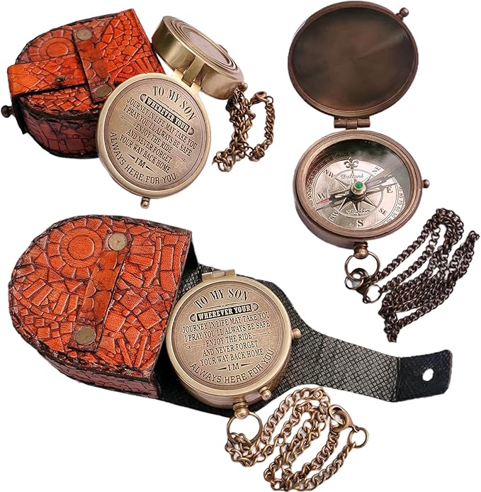 Engraved Brass Compass, Antique Nautical Vintage Directional Magnetic Compass, with Famous Scripture Quote, Baptism Gifts with Leather Case