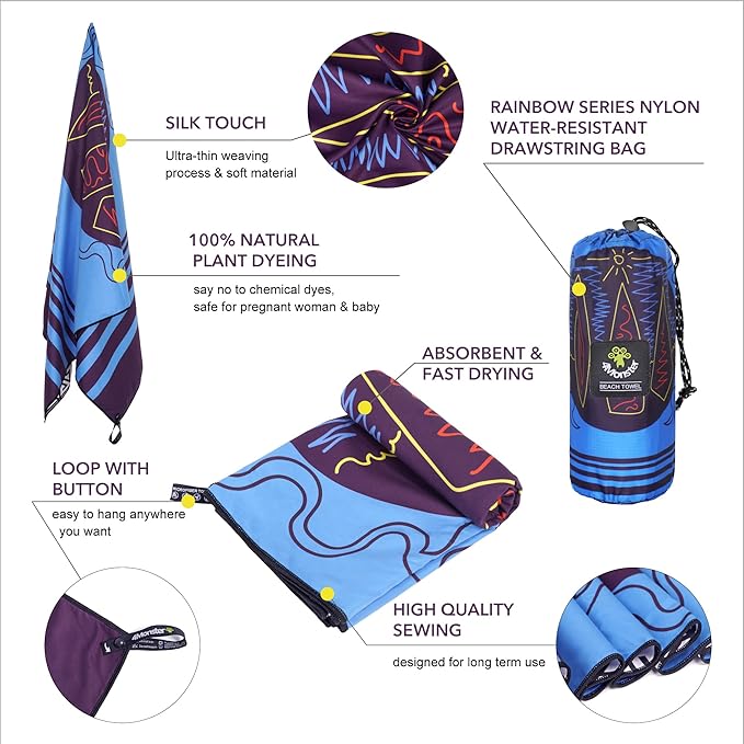 4Monster Microfiber Beach Towel Quick Dry,Super Absorbent Lightweight Travel Towel for Swimmers, Sand Free Camping Towel, Beach Towels for Pool, Swim, Water Sports,Yoga,Gym,Backpacking