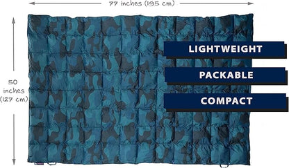 Down Camping Blanket - Puffy, Packable, Lightweight and Warm | Ideal for Outdoors, Travel, Stadium, Festivals, Beach, Hammock | 650 Fill Power Water-Resistant Backpacking Quilt