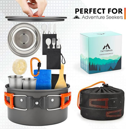 17pcs Camping Cookware Mess Kit, Non-Stick Pot Pan 1.1L Kettle Set with 2 set Stainless Steel Cups Plates Forks Knives Spoons for Hiking,Camping,Backpacking,Outdoor Cooking and Picnic