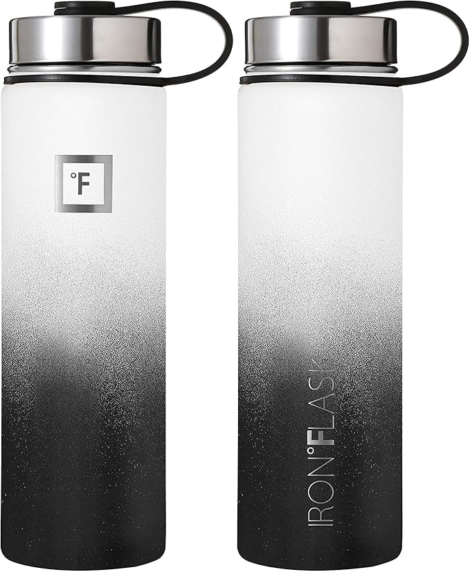 IRON °FLASK Camping & Hiking Hydration Flask, Wide Mouth, 3 Straw Lids, Stainless Steel Outdoor Water Bottle, Double Walled, Insulated Thermos, Metal Canteen - Day & Night, 22 Oz