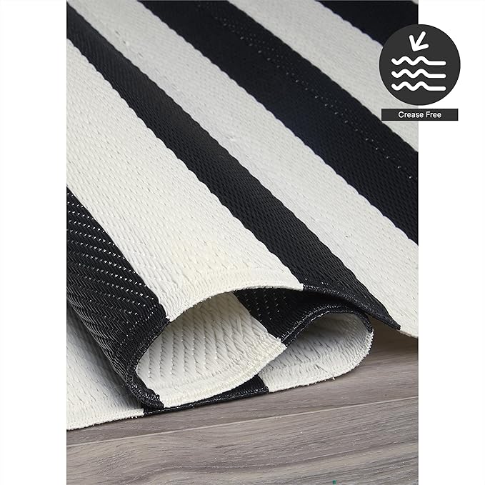 FH Home Outdoor Camping Rug - Waterproof, Fade Resistant, Reversible - Premium Recycled Plastic - Striped - Large Patio, Deck, Sunroom, RV - Brittany Stripe - Black & White - 9 x 12 ft Foldable