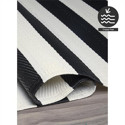 FH Home Outdoor Camping Rug - Waterproof, Fade Resistant, Reversible - Premium Recycled Plastic - Striped - Large Patio, Deck, Sunroom, RV - Brittany Stripe - Black & White - 9 x 12 ft Foldable