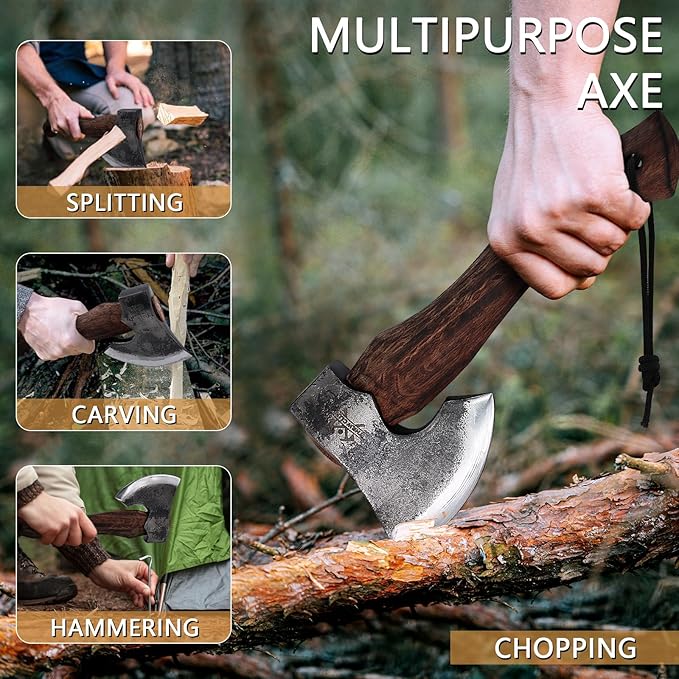 11 Inch Hatchet, Camping Axe with Leather Sheath, Bushcraft Axe for Chopping and Wood Splitting, Perfect for Outdoor Survival and Adventures