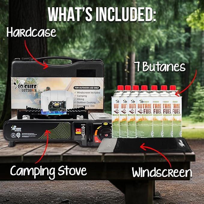 Jo Chef Butane Camping Stove - 9,500 BTU Portable Gas Stove - Ideal for Camping/Road Trips, Outdoor camp Stove Includes Windshield, CSA Certified, Brass Burner Fast Heat Up Time