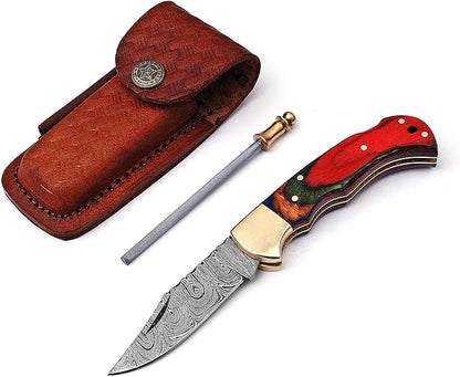 Handmade Damascus Steel Pocket Knife & Knife Sharpener - Damascus Folding Knife - Pocket Knife for Men, EDC Knife & Hunting Knife with Back Lock & Beautiful Pakka Wood Handle with Leather Knife Sheath