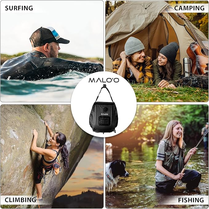 Malo'o 5 gallon/20L Portable Solar Shower Bag, Solar Heating Camping Shower Bag with Removable Hose and On-Off Switchable Shower Head for Camping Gear, Surfing, Beach, Swimming, Outdoor Travel, hiking