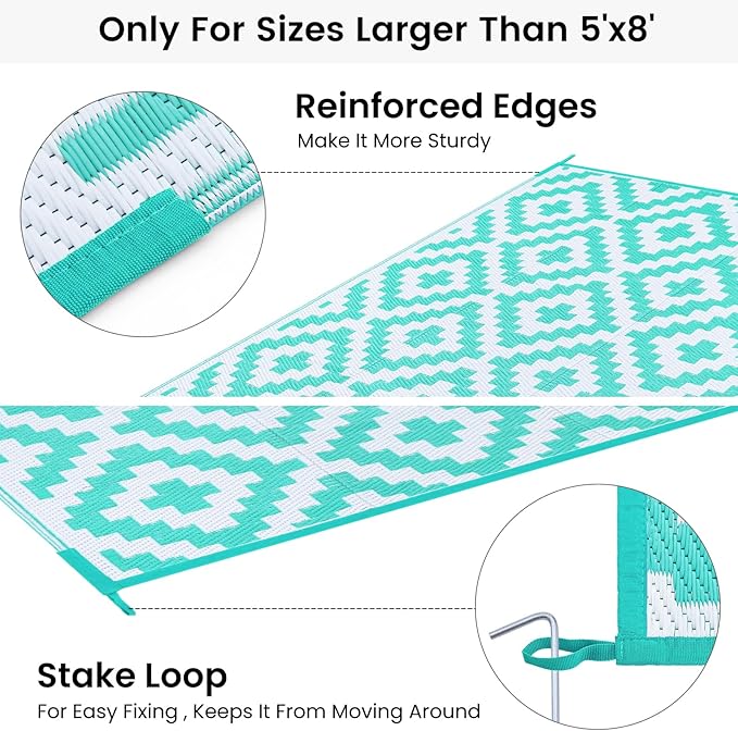Smiry Waterproof Outdoor Rug 9x12 ft, Reversible Plastic Straw Patio Camping Rugs, Outdoor Indoor RV Mat Carpet for Patio, Outside Entry, Backyard, Deck, Bench, Picnic, Camper, White & Teal