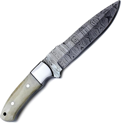 Handmade Damascus Steel Knife Bowie for Hunting,Survival,Camping,Bushcraft,Fixed Blade Dagger with Drop Point Full Tang Micarta Handle, Leather Sheath - WKD-781