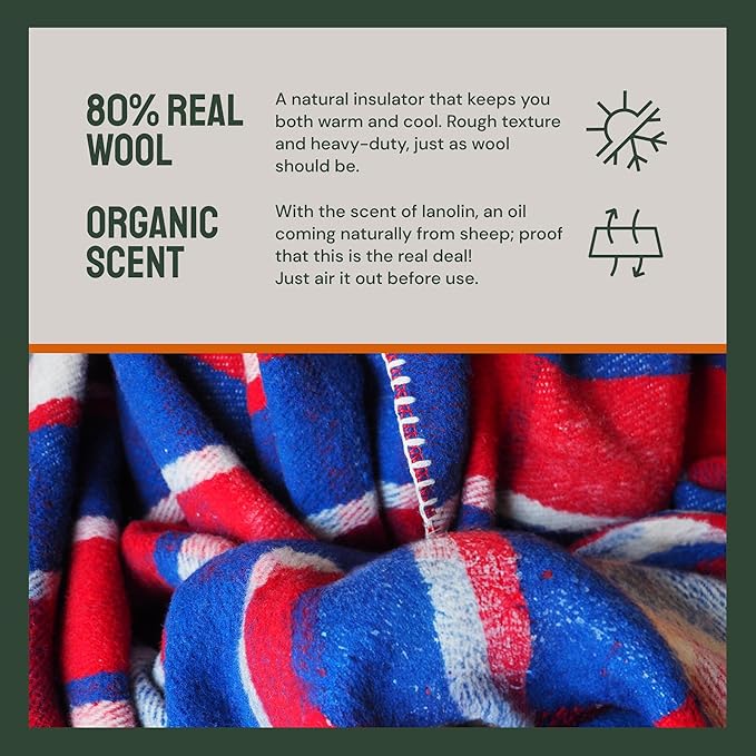 Woolly Mammoth Merino Wool Blanket- 66" x 90" 4 lbs Thick, Outdoor/Indoor Throw for Campfire, Picnic, Beach, Van Life, Home- Farmhouse Collection Heavy Duty Insulating Sleep Plaid, Red White & Blue