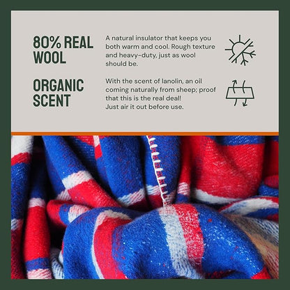 Woolly Mammoth Merino Wool Blanket- 66" x 90" 4 lbs Thick, Outdoor/Indoor Throw for Campfire, Picnic, Beach, Van Life, Home- Farmhouse Collection Heavy Duty Insulating Sleep Plaid, Red White & Blue