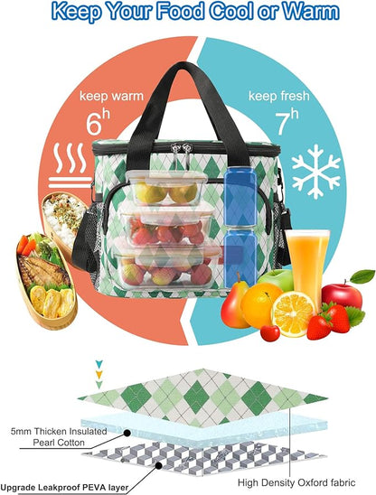 Femuar Lunch Bags for Women/Men, Insulated Lunch Bag for Work Office - Lunch Cooler Bag Leakproof Lunch Box with Adjustable Shoulder Strap - Green plaid
