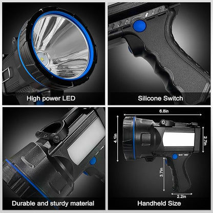 Rechargeable Spotlight Flashlight, Super Bright 1000000 lumens Waterproof Hand held Spot Lights, Long Range Large Hunting Lamp Searchlight, LED Flashlight with COB Light for Camping