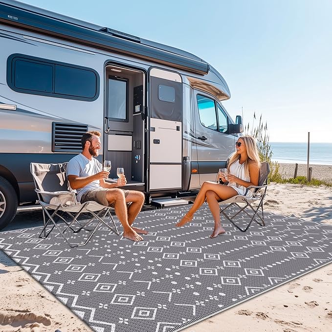 StepRite 6’ x 9’ Reversible Outdoor Rug, Waterproof Plastic Straw Rug, Patio Rug, Large Modern Area Rug Carpet, Indoor Outdoor Rugs for Camping, Porch, Deck, Balcony, Backyard, RV, Picnic(Grey)