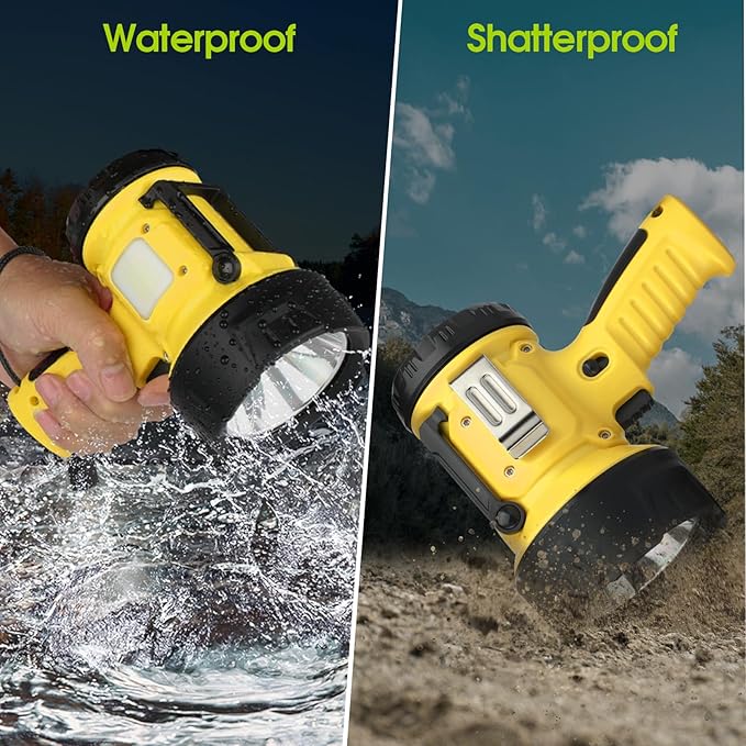 Rechargeable Spotlight Flashlight with 1000,000 Lumen LED, IP65 Waterproof Searchlight Handheld Work Light with Foldable Stand and Red Lens- Yellow