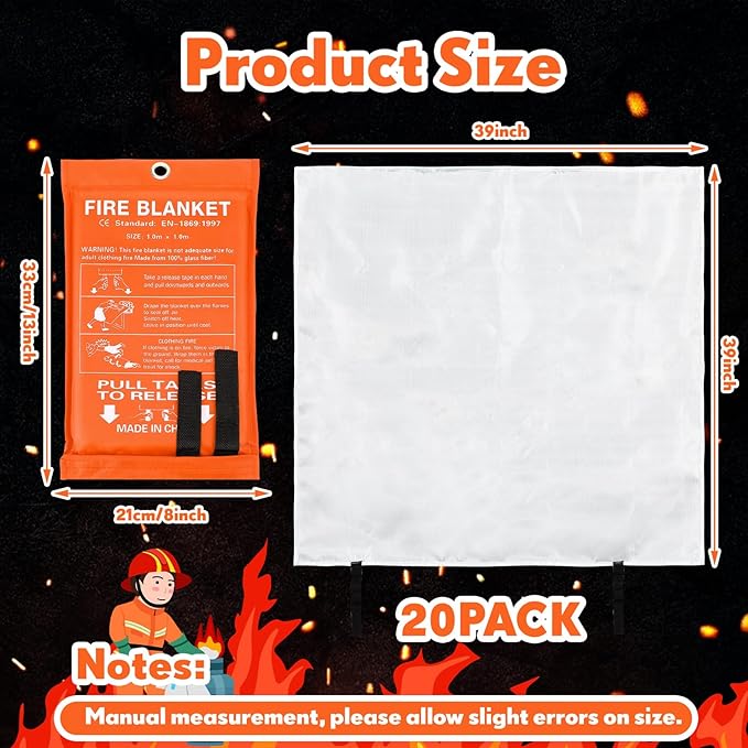 Macarrie 20 Pack 39” x 39” Fire Blanket Emergency Fire Blanket for Home and Kitchen Suppression Blanket Safety Fiberglass Fireproof Blanket Survival for Fireplace Car Office Camping (Orange)