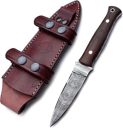 Handmade Damascus Steel Knife for Hunting,Survival,Camping,Bushing and Fishing, Fixed Blade Spear point Full Tang Micarta Handle with Cowhide-Leather Sheath -WKD-800