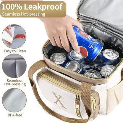 LOKASS Personalized Lunch Bag for Women Work, 16L Initial Insulated Lunch box for Adult/Womens Gift, Leakproof Personalized Gift Lunchbag with Adjustable Shoulder Strap, Cooler Bag Beige - R
