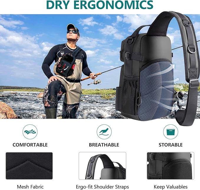 NEW VIEW Fishing Sling Bag, Waterproof Sling Pack with Rod Holder, Versatile Storage Fly Fishing Bags for Men, Small Shoulder Pack for Streams & Rivers
