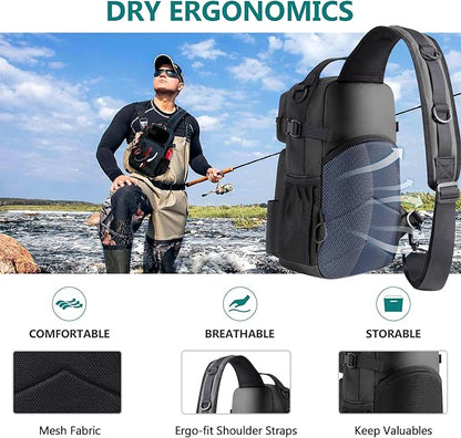 NEW VIEW Fishing Sling Bag, Waterproof Sling Pack with Rod Holder, Versatile Storage Fly Fishing Bags for Men, Small Shoulder Pack for Streams & Rivers