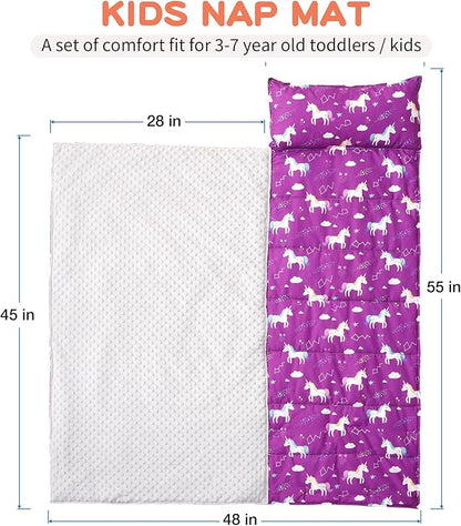 Bunnikins & Clover Toddler Nap Mat with Removable Pillow, Nap Mats for Preschool, Easy Clean Toddler Nap Pad for Kindergarten, Kids Sleeping Bag for Travel Camping