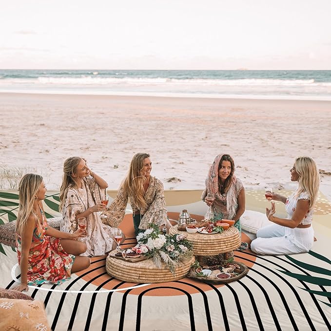 78''×86'' Large Sandproof Beach Blanket for 4-8 Adults, Waterproof Sand Free Beach Mat with 4 Stakes, Polyester Lightweight Big Foldable Boho Outdoor Picnic Blanket for Camping, Hiking, Park, Grass