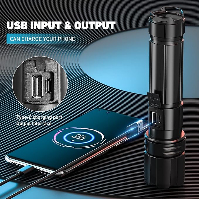 Rechargeable LED Flashlights High Lumens,900000 Lumen Super Bright Flashlight with USB Output, 14 Hours Runtime 5000ɱAh Large Capacity Flash Light, Powerful Flashlight for Home, Camping