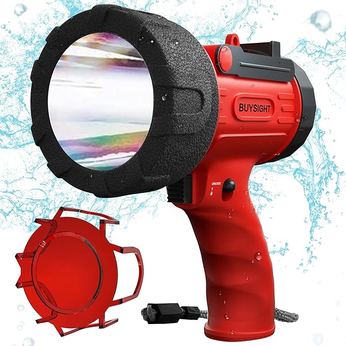 BUYSIGHT Rechargeable Spotlight Flashlight, Hand held Spotlight 200000 lumens Waterproof Flashlight Hunting Lamp with red Filter(IP67 Waterproof Red Mini)